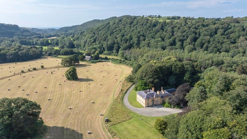 An aerial view in summer of Llanerchaeron, Ceredigion